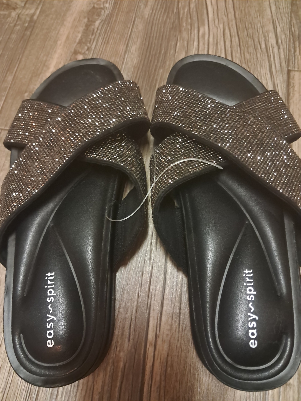 Easy Spirit Women's Black Slide Sandals with Bronze Sparkle Straps